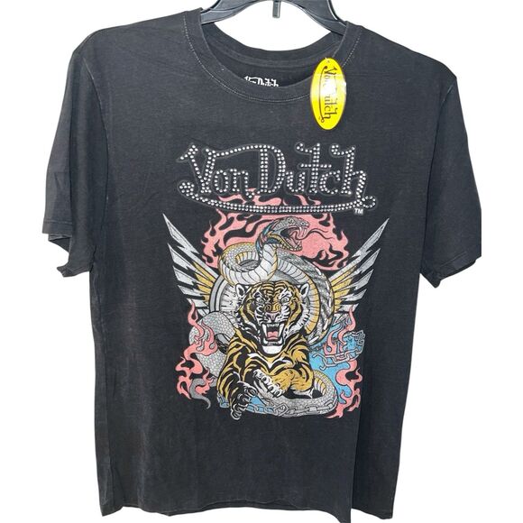 Von Dutch T-shirt Mens Large Black Vintage Style Wash Rhinestone Logo Snake New - Picture 1 of 7